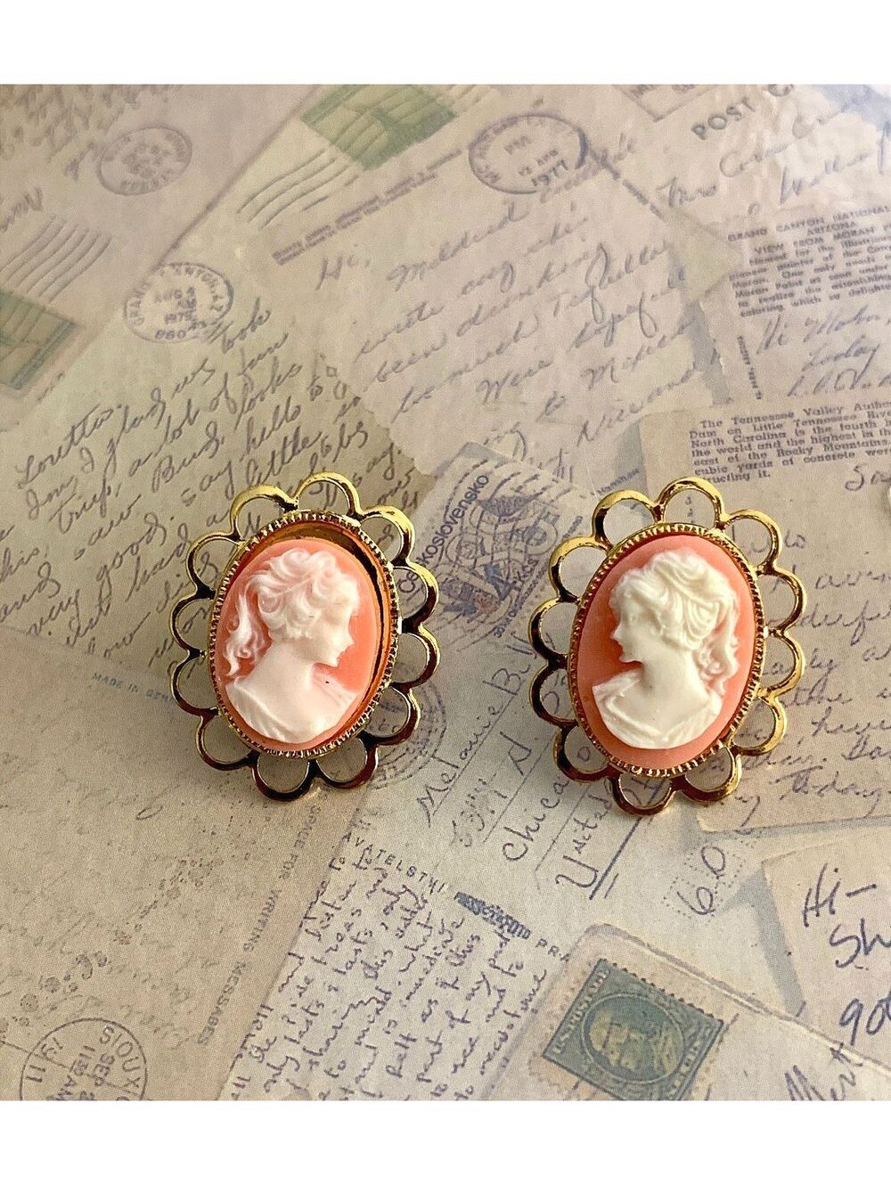 Vintage Victorian Revival Carved Cameo Scalloped Gold-Tone Pierced Earrings